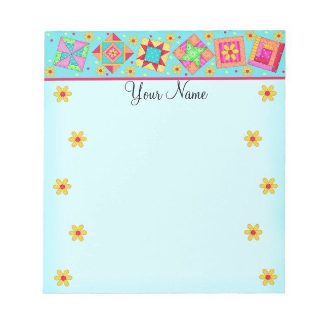 Türkis Blue Patchwork Quilt Block Art Notizblock (Vorderseite)