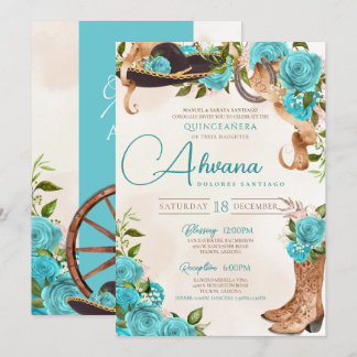 Türkis Blue Quinceanera Charro Western Rose Einladung