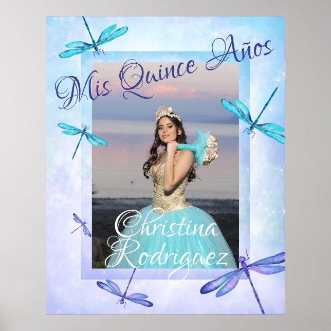 Türkis & Blue Quinceañera Poster mit Drachenfliege (Vorne)