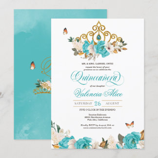 Türkis Blue Rose Golden Tiara Butterfly Quince Einladung