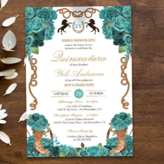 Türkis Blue Rose Western Charro Quinceanera Einladung