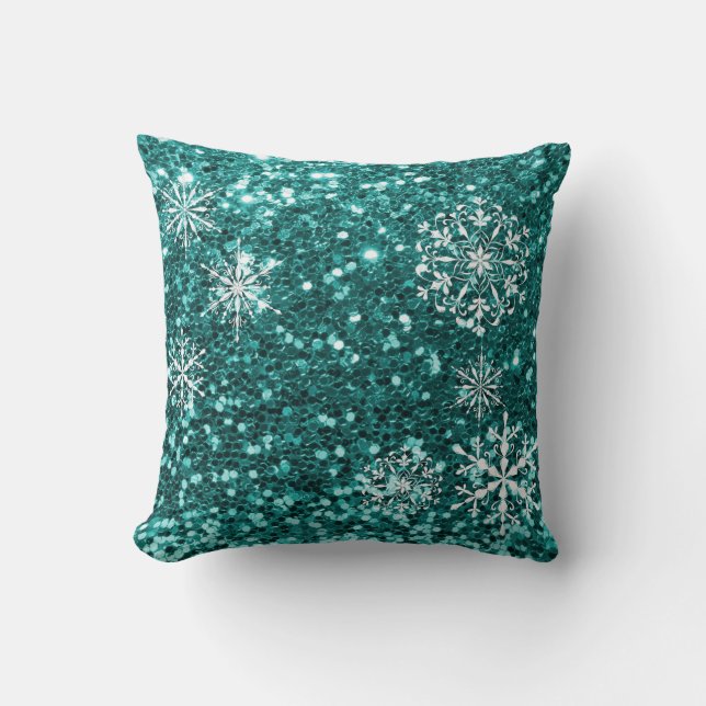 Türkis Blue Snowflake Glitzer Weihnachten Kissen (Vorderseite)