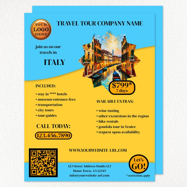 Türkis Blue Travel Template Flyer (Eye catching travel agency flyer with your logo, QR code and photo on bright turquoise yellow)