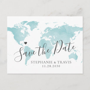Türkis Blue Watercolor Weltkarte Save the Date Ankündigungspostkarte