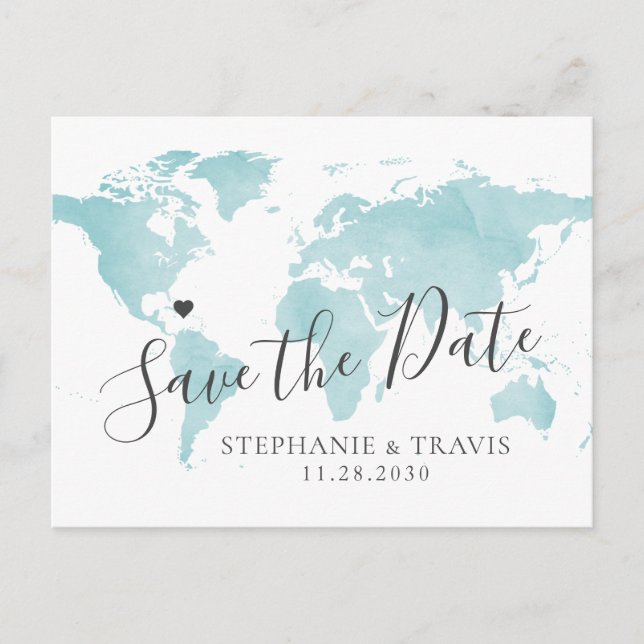 Türkis Blue Watercolor Weltkarte Save the Date Ankündigungspostkarte (Vorderseite)