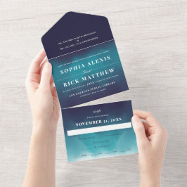 Türkis Blue Waves Ombre Wedding All In One Einladung