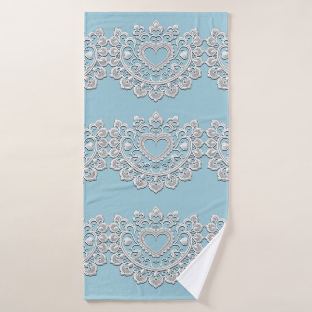 Türkis Blue White Lace Heart Wedding Bridal Badhandtuch Set (Badehandtuch)