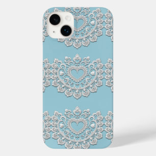 Türkis Blue White Lace Heart Wedding Bridal Case-Mate iPhone 14 Plus Hülle