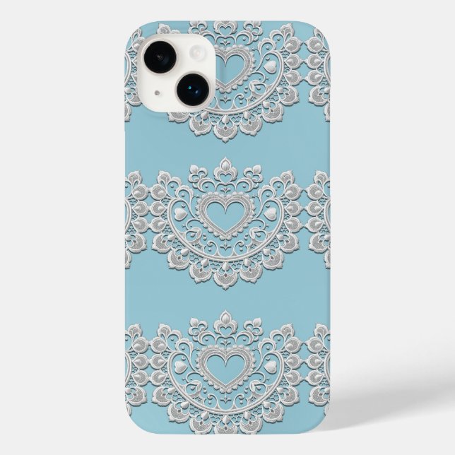 Türkis Blue White Lace Heart Wedding Bridal Case-Mate iPhone Hülle (Rückseite)