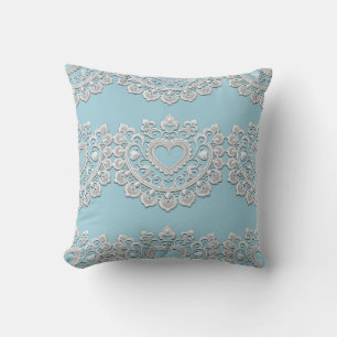 Türkis Blue White Lace Heart Wedding Bridal Kissen