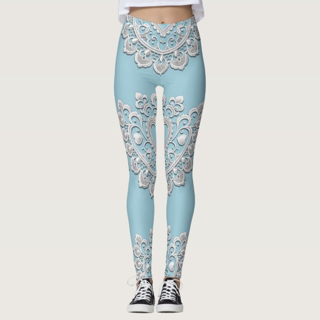 Türkis Blue White Lace Heart Wedding Bridal Leggings (Vorderseite)