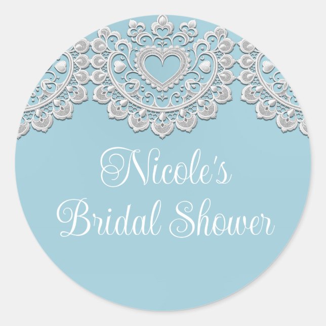 Türkis Blue White Lace Heart Wedding Bridal Runder Aufkleber (Vorderseite)