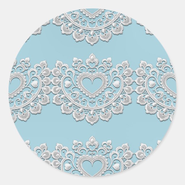 Türkis Blue White Lace Heart Wedding Bridal Runder Aufkleber (Vorderseite)
