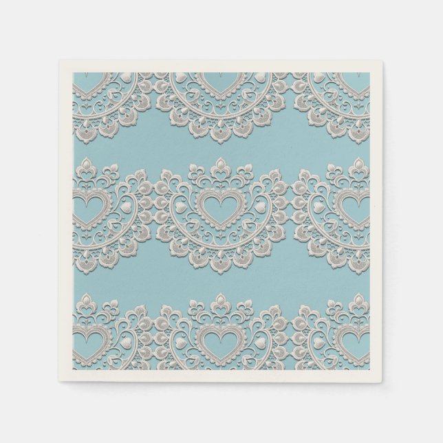 Türkis Blue White Lace Heart Wedding Bridal Serviette (Vorderseite)