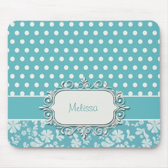 Türkis-Blumen und Polka-Punkte Mousepad (Vorne)