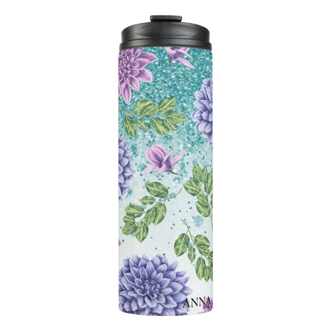 *~* Türkis Blumensukkulter Glitzer Girly  Thermosbecher (Vorderseite)