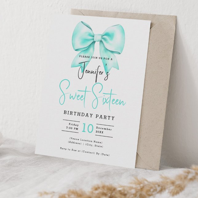 Türkis Bow Coquette Niedliches Script Sweet 16 Einladung (Turquoise Bow Coquette Cute Script Sweet 16 Invitation)