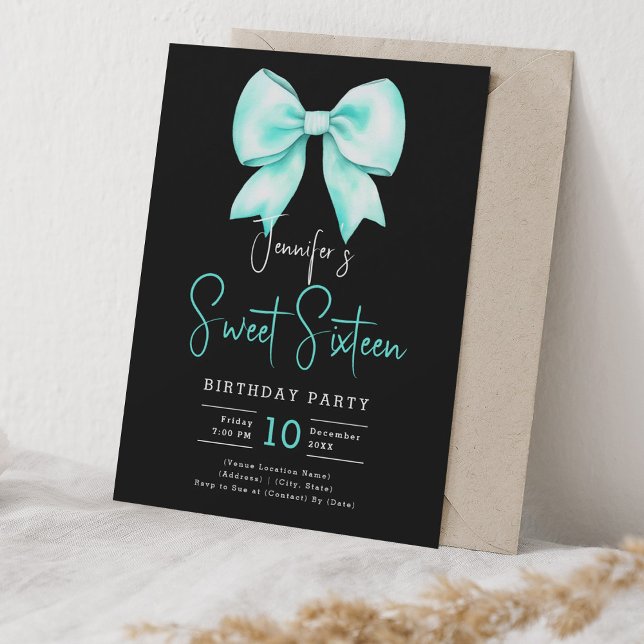 Türkis Bow Coquette Script Sweet 16 Black Einladung (Turquoise Bow Coquette Script Sweet 16 Black Invitation)
