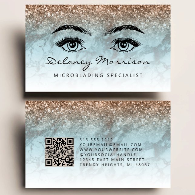 Türkis Bronze Marmor Augen QR-Code Microblading Visitenkarte (Von Creator hochgeladen)