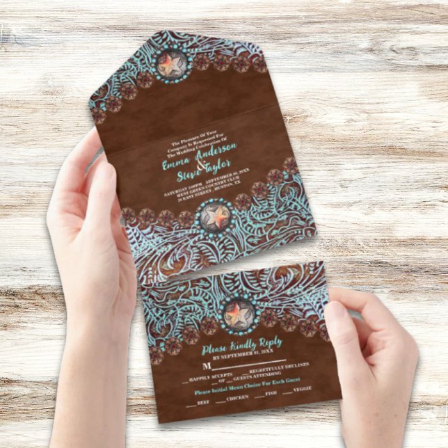 Türkis Brown Cowboy Western Hochzeit All In One Einladung (Turquoise Brown cowboy country western wedding All In One Invitation)