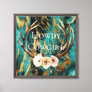 Türkis Brown Gold Cowhide Deer Antlers Floral Leinwanddruck