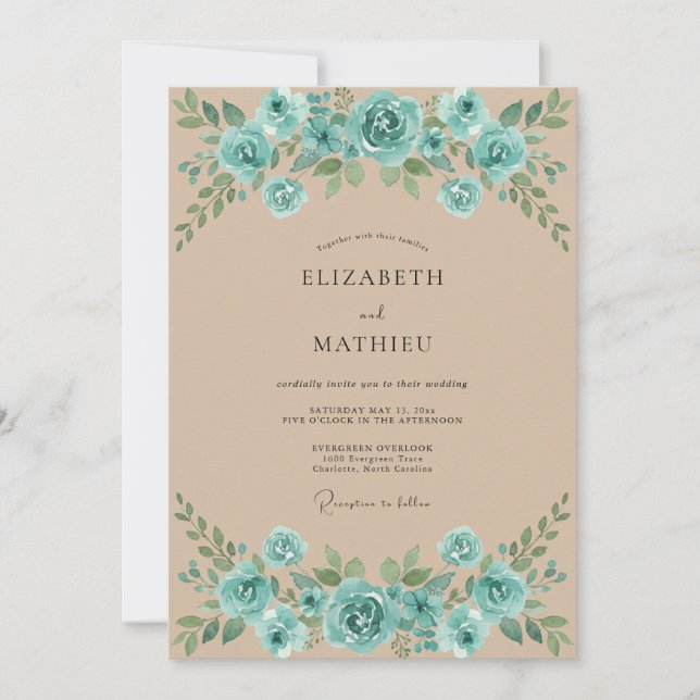 Türkis Champagner Blatt Hochzeit Einladung (Vorderseite)