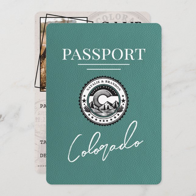 Türkis Colorado Passport Save the Date (Vorne/Hinten)