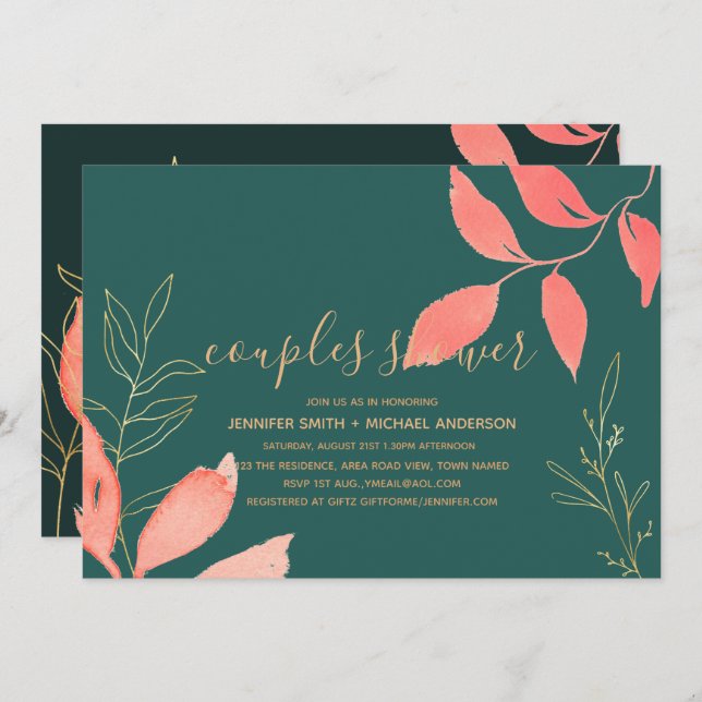Türkis Coral Gold COUPLES SHOWER handschriftlich Einladung (Vorne/Hinten)