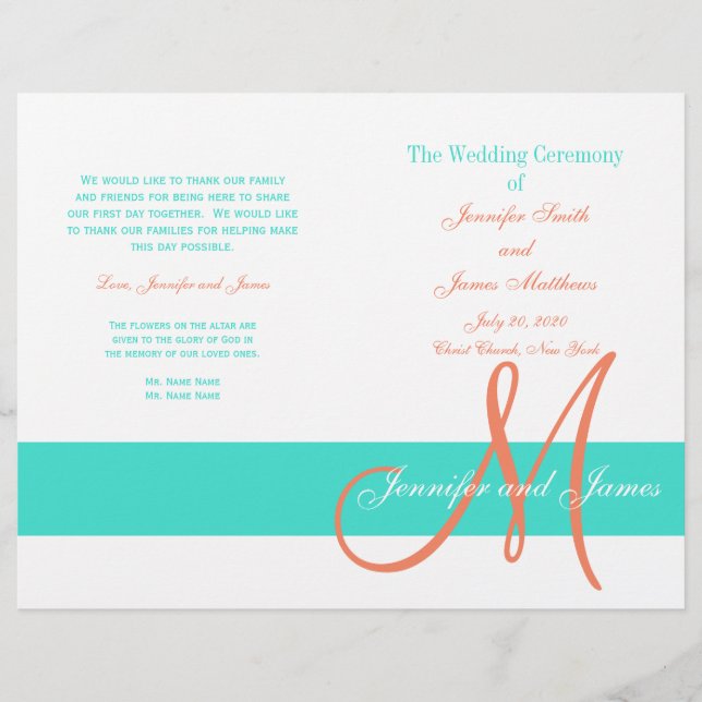 Türkis Coral Modern Wedding Programm (Vorderseite)