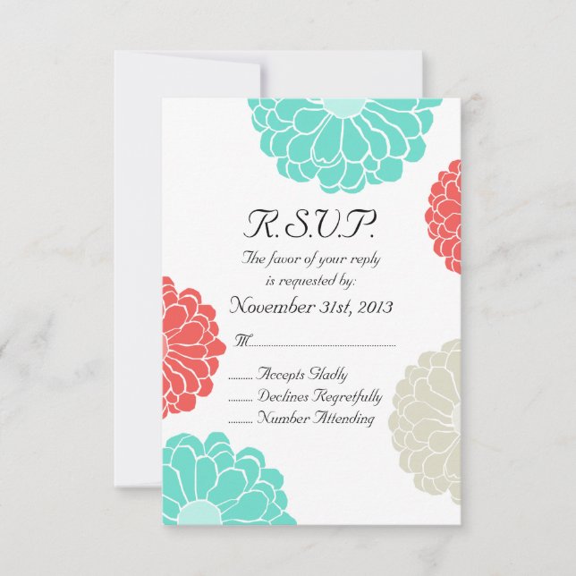 Türkis Coral Zinnia Blume Wedding RSVP (Vorderseite)