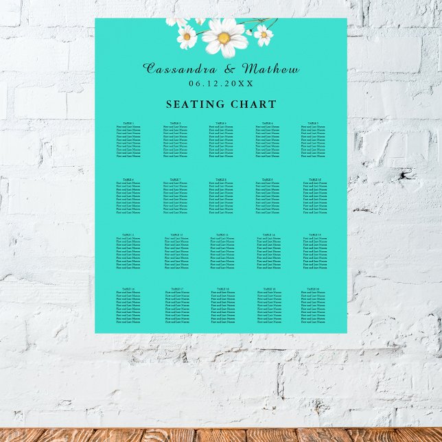 Türkis Daisy Bloral Wedding 200 Seating Chart Poster (Turquoise Daisy Floral Wedding 200 Seating Chart)