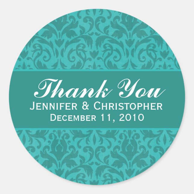 Türkis Damask Round Wedelmarken Runder Aufkleber (Vorderseite)