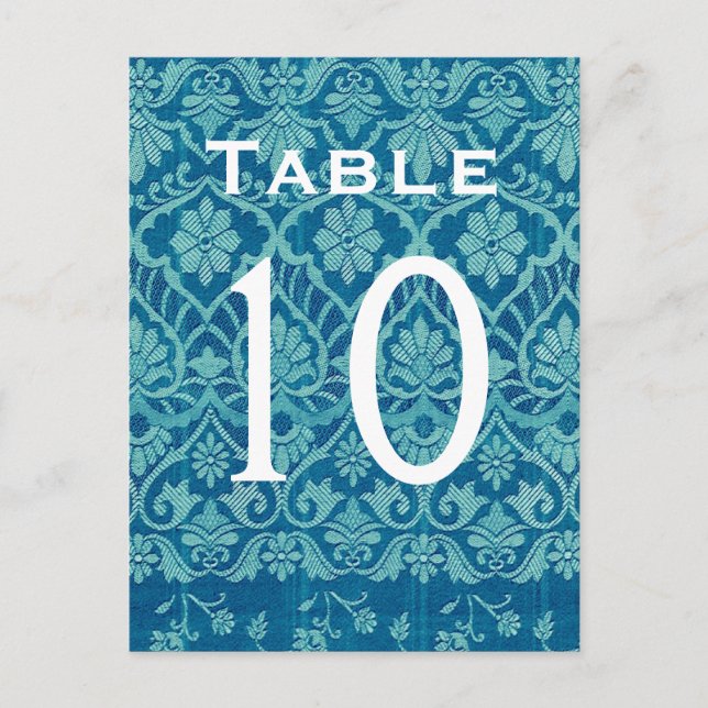 Türkis Damask Wedding Tischnummer Card Empfang (Vorderseite)