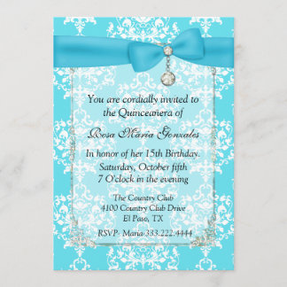 Türkis-Damast Quinceañera Einladung