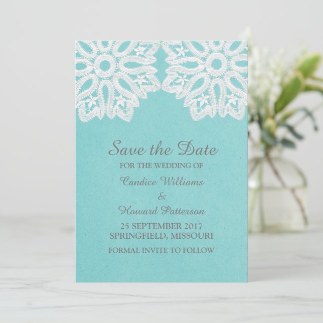 Türkis Elegantes Spitzen Save the Date einladen (Stehend Vorderseite)