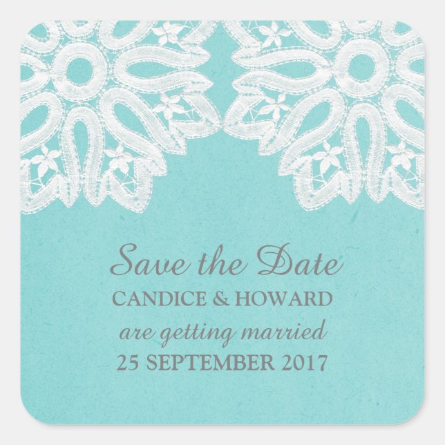Türkis Elegantes Spitzen Save the Date Stickers (Vorderseite)