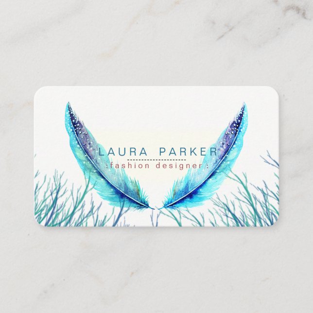 Türkis Feathers Watercolor Boho Aquamarin Beach Visitenkarte (Vorderseite)