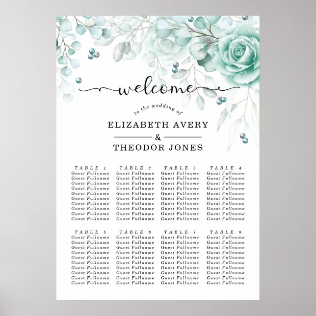 Türkis floral Elegante Hochzeit Poster (Vorne)
