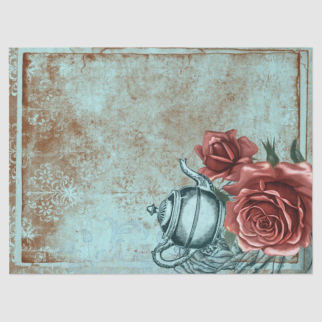 Türkis florales Teapot Decoupage Seidenpapier (Vorderseite)