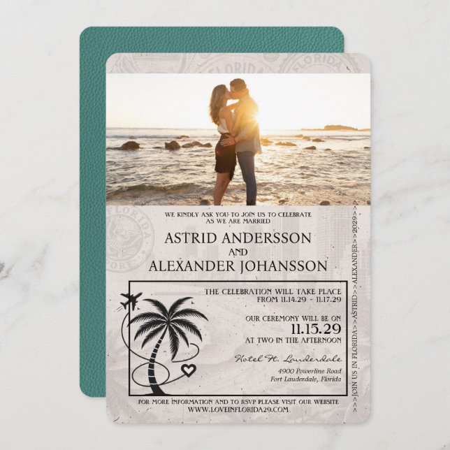 Türkis Florida Passport Hochzeit Einladung (Vorne/Hinten)