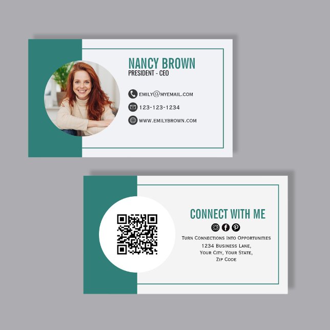 Türkis Foto QR Code Verbinde dich mit mir Visitenkarte (Modern teal photo business card with QR code back, clean minimalist layout, and polished professiona)