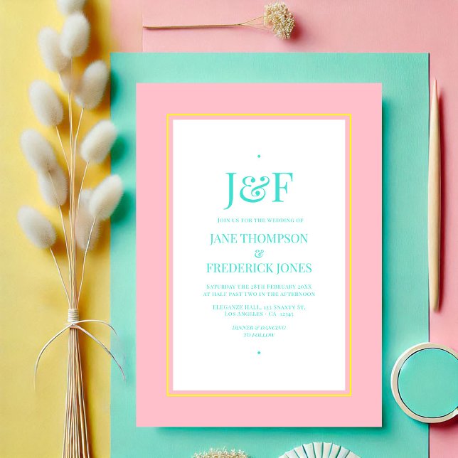 Türkis, Gelb und Rosa Hochzeit Einladung (Turquoise, Yellow and Pink Wedding Invitation)