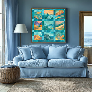 Türkis gerahmte abstrakte Wüstenkunst-Gitter – Geo Poster