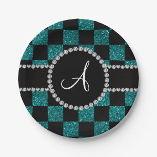 Türkis-Glitter-Schachbrett des Monogramms Pappteller