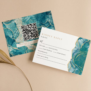 Türkis Gold Agate Modern Wedding QR Code RSVP Karte