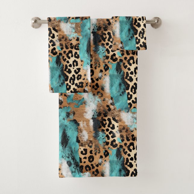 Türkis Gold Black Leopard Badhandtuch Set (Insitu)