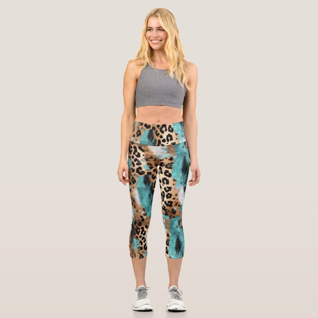 Türkis Gold Black Leopard Capri Leggings (Vorderseite)