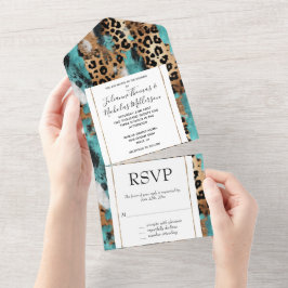 Türkis Gold Black Leopard Wedding All In One Einladung