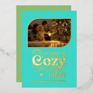 Türkis & Gold Cosy Vibes Retro Weihnachts-Foto Folien Feiertagskarte