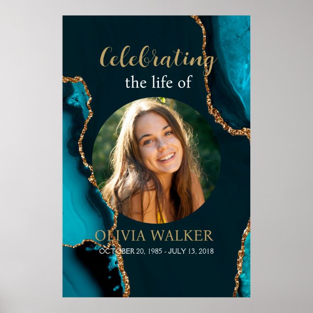 Türkis & Gold Foto Beerdigung Memorial Sign Poster (Vorne)